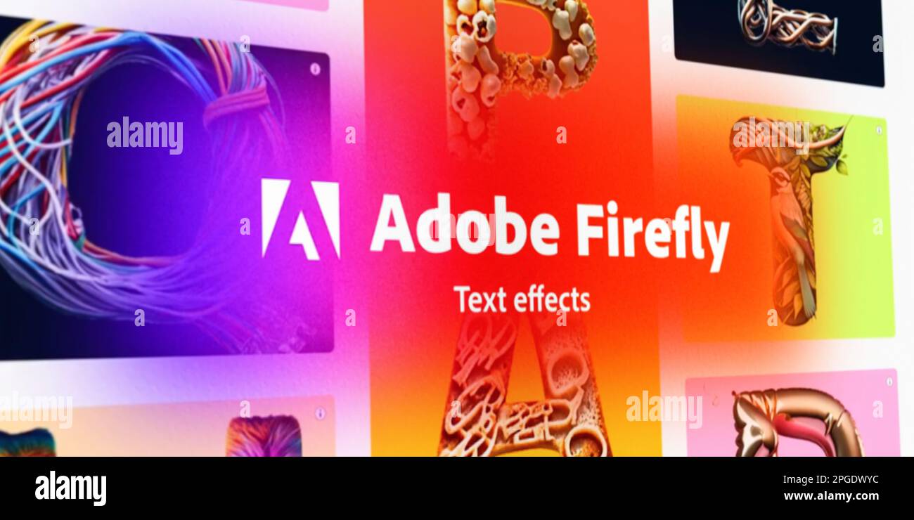 Screenshot of Adobe Firefly Text Effects the new Beta for AI generated content. Selective focus Stock Photo