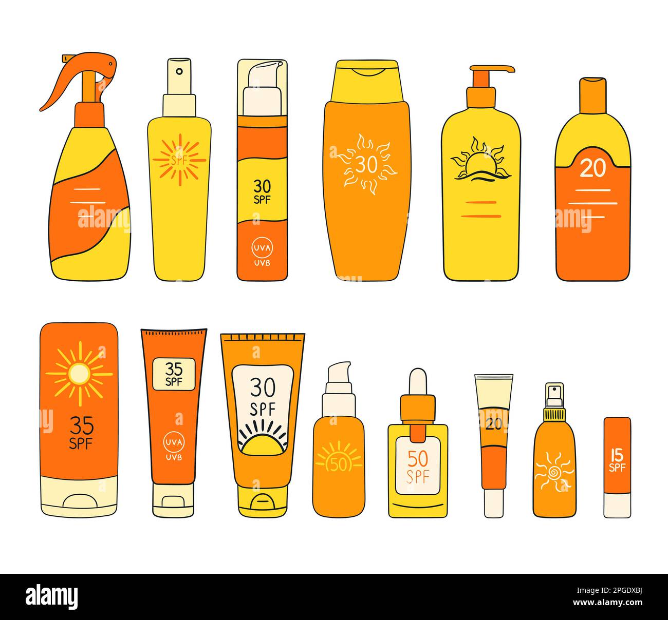 Set of SPF bottles, tubes. Sunscreen protection and sun safety