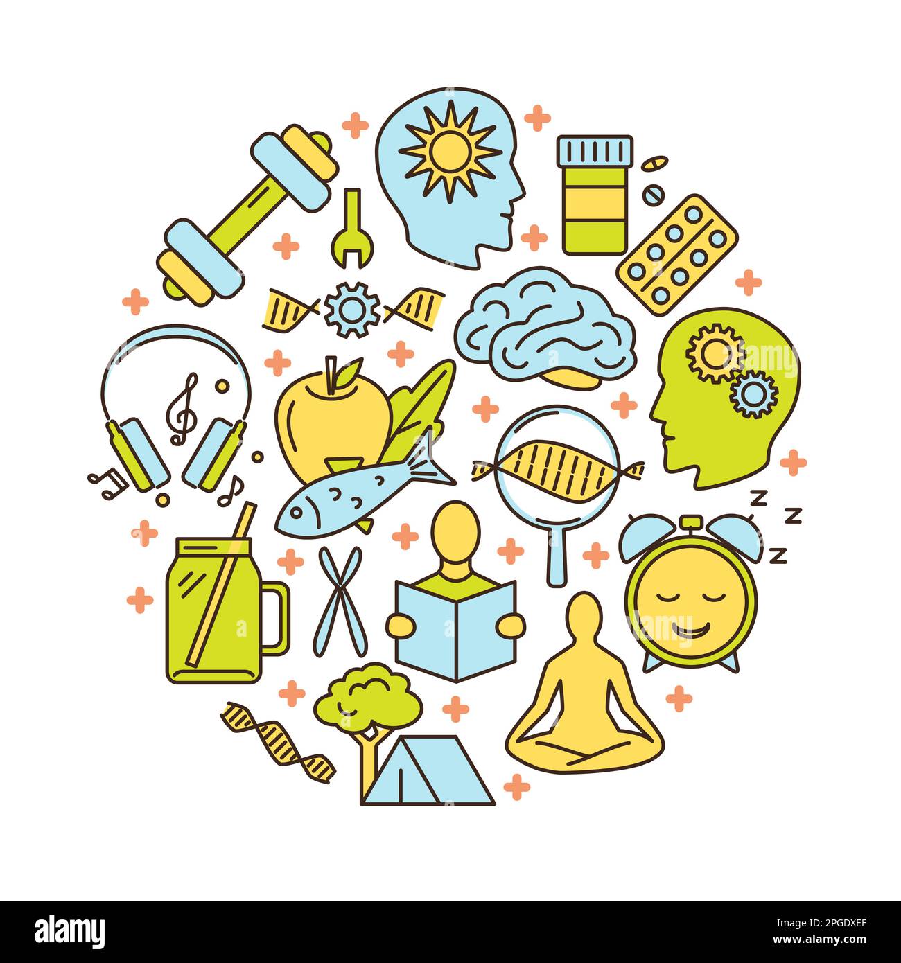 Biohacking round concept banner with icons in colored line style. DIY ...