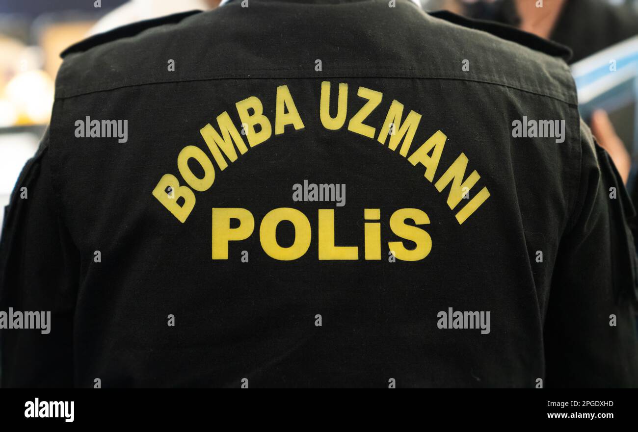 Ankara, Turkey- February 4 2023: A jacket with 'bomb expert cop' (Bomba uzmanı polis in Turkish) on the back Stock Photo