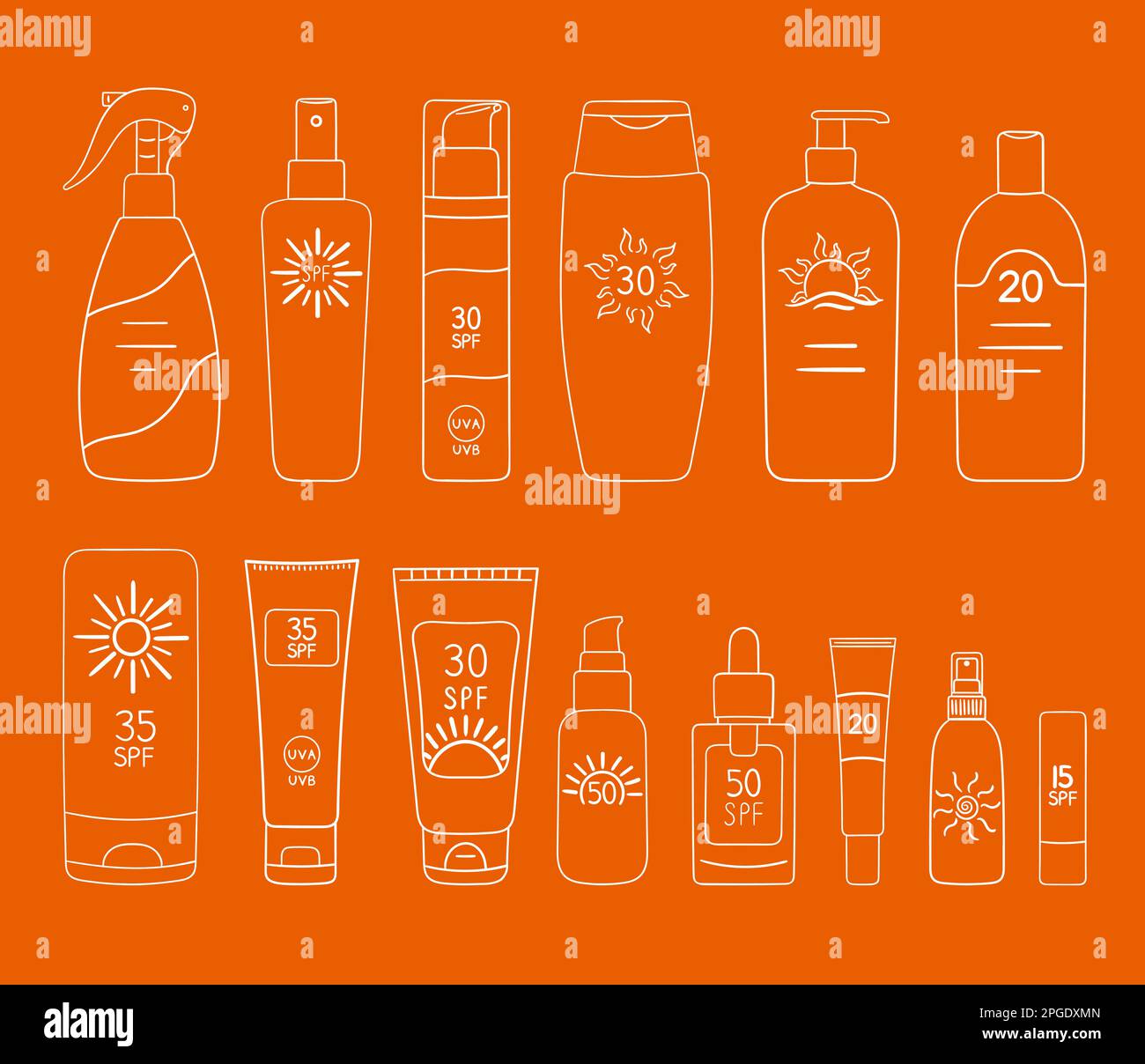 Set of SPF bottles, tubes. Sunscreen protection and sun safety