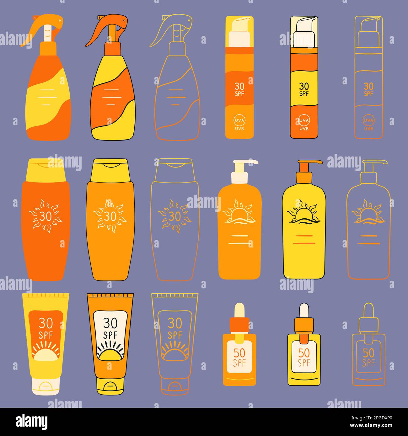 Set of SPF bottles, tubes. Sunscreen protection and sun safety