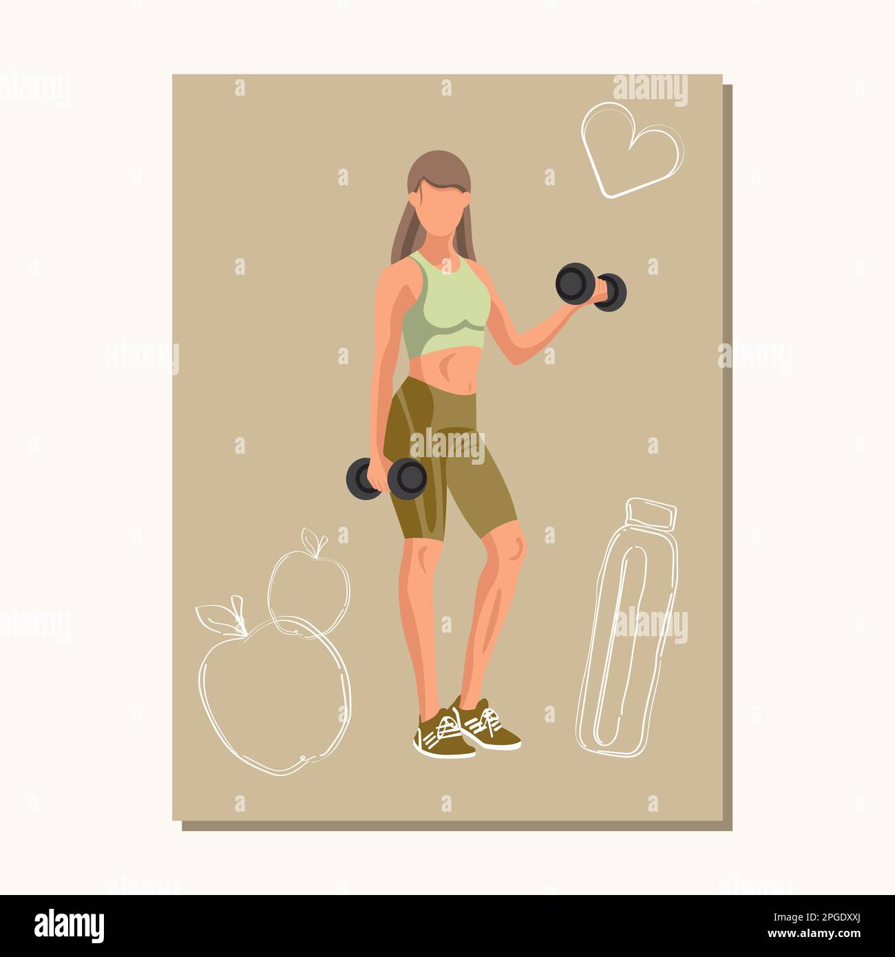 Fitness poster with a Caucasian woman in sportswear standing and doing a workout with dumbbells. Vector illustration Stock Vector