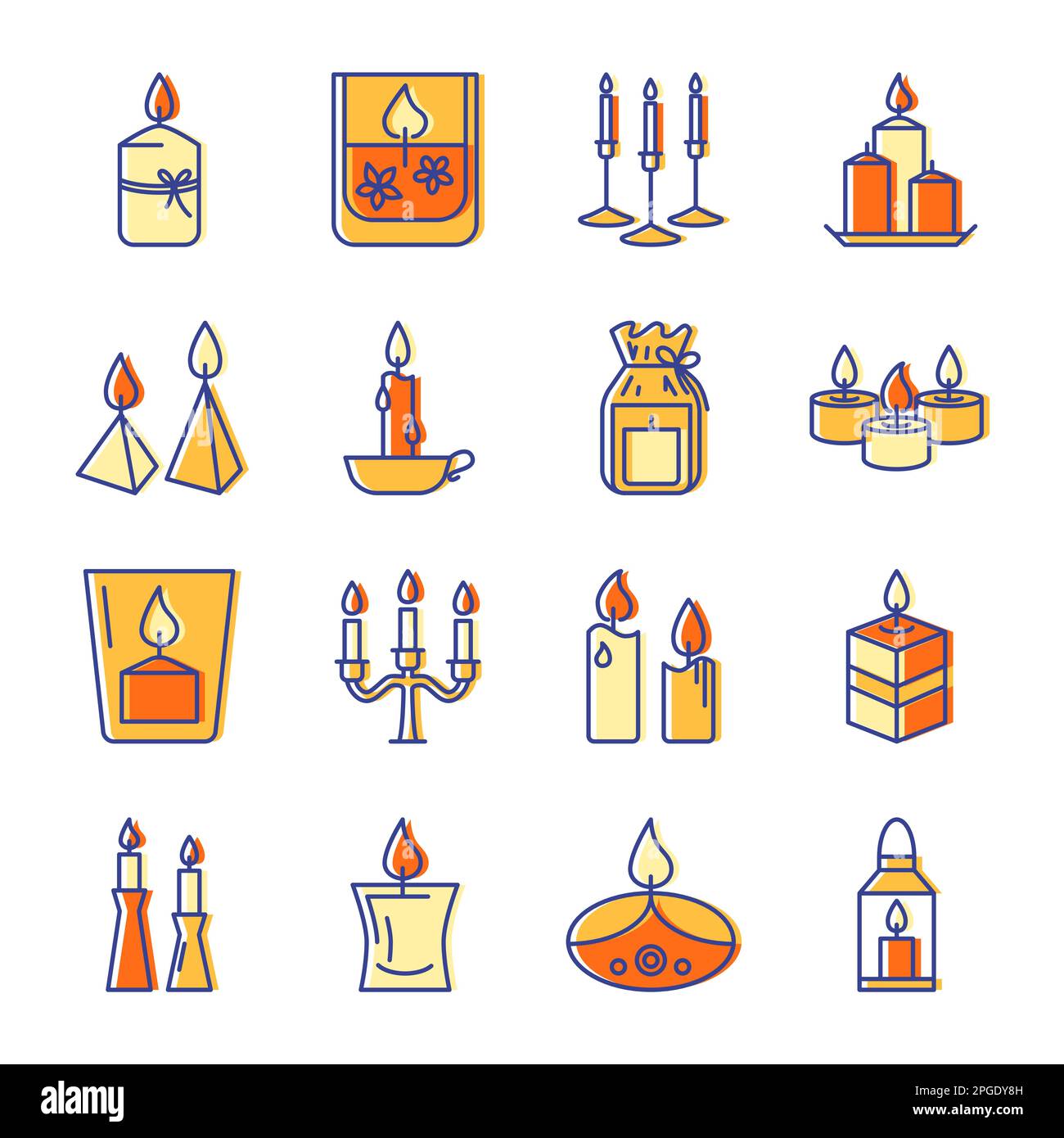 Candle icons set in colored line style isolated on white. Light source