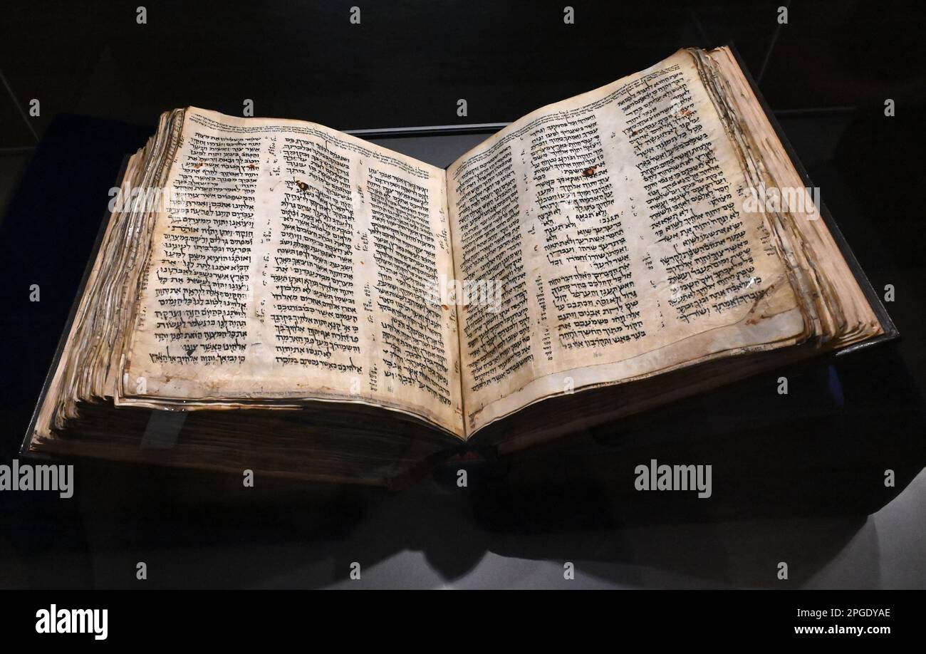 Tel Aviv, Israel. 22nd Mar, 2023. The Codex Sassoon, the earliest, most complete edition of the Hebrew Bible is displayed in the ANU Museum of the Jewish People in Tel Aviv on Wednesday, March 22, 2023. The Bible, believed to be more than 1,000 years old, is set to be sold at the Sotheby's Auction in New York, on May 16 and is estimated to be sale for $30-50 million dollars. The Codex Sassoon hasn't been displayed since 1982 and will be on view in Tel Aviv, March 23-29. Photo by Debbie Hill/ Credit: UPI/Alamy Live News Stock Photo