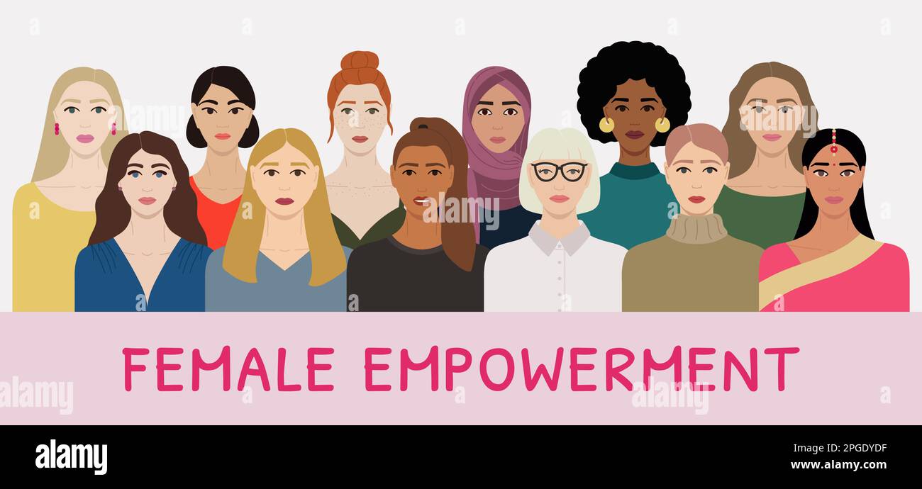 Set of diverse female faces with different ethnics, skin colors, hairstyles. Women stay together for female empowerment and go girl poster. Hand drawn Stock Vector