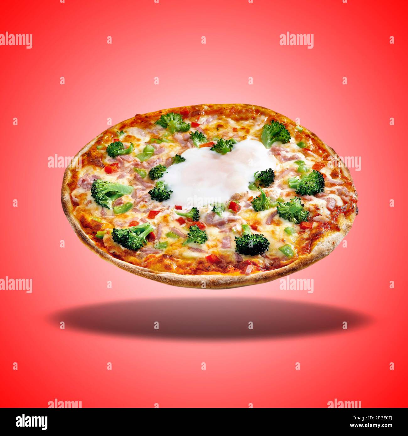 Floating Pizza Siciliana On Red Radial Gradient Stock Photo