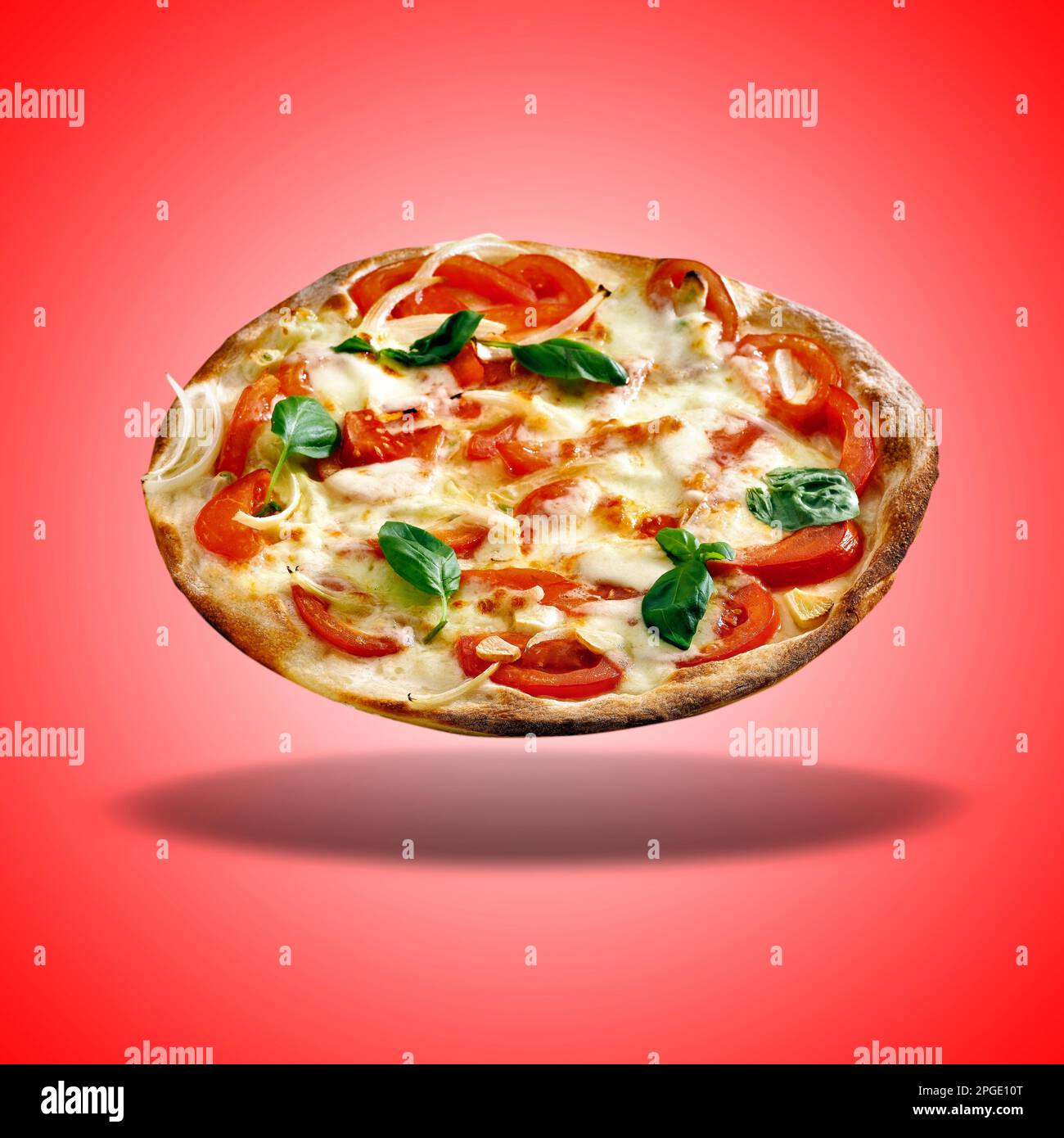 Floating Pizza Siciliana On Red Radial Gradient Stock Photo