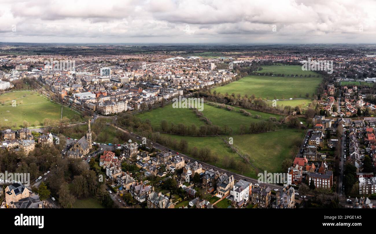 HARROGATE, UK - MARCH 18, 2023.  An aerial cityscape of Harrogate town with The Stray public park and Victorian architecture Stock Photo