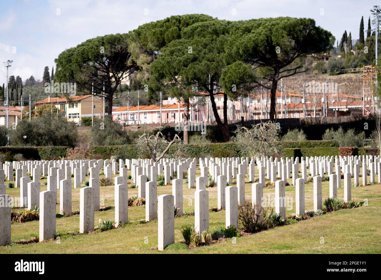 The Commonwealth War Graves Commission war cemetery near the river Arno on the outskirts of Florence. It contains 1,632 Commonwealth burials from WW2 Stock Photo