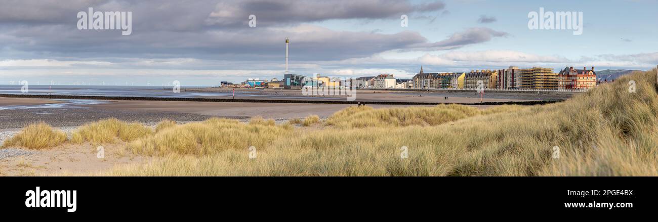 Panoramic view of Rhyl beach and seafront, North Wales Stock Photo