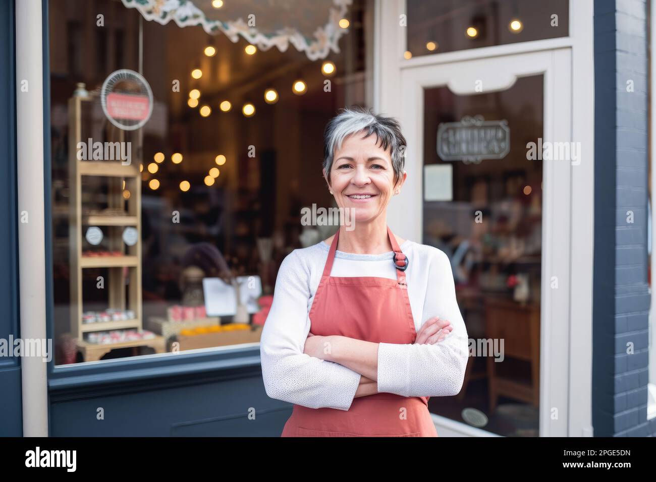 A small business owner wearing an apron stood outside their shop. Generative ai Stock Photo