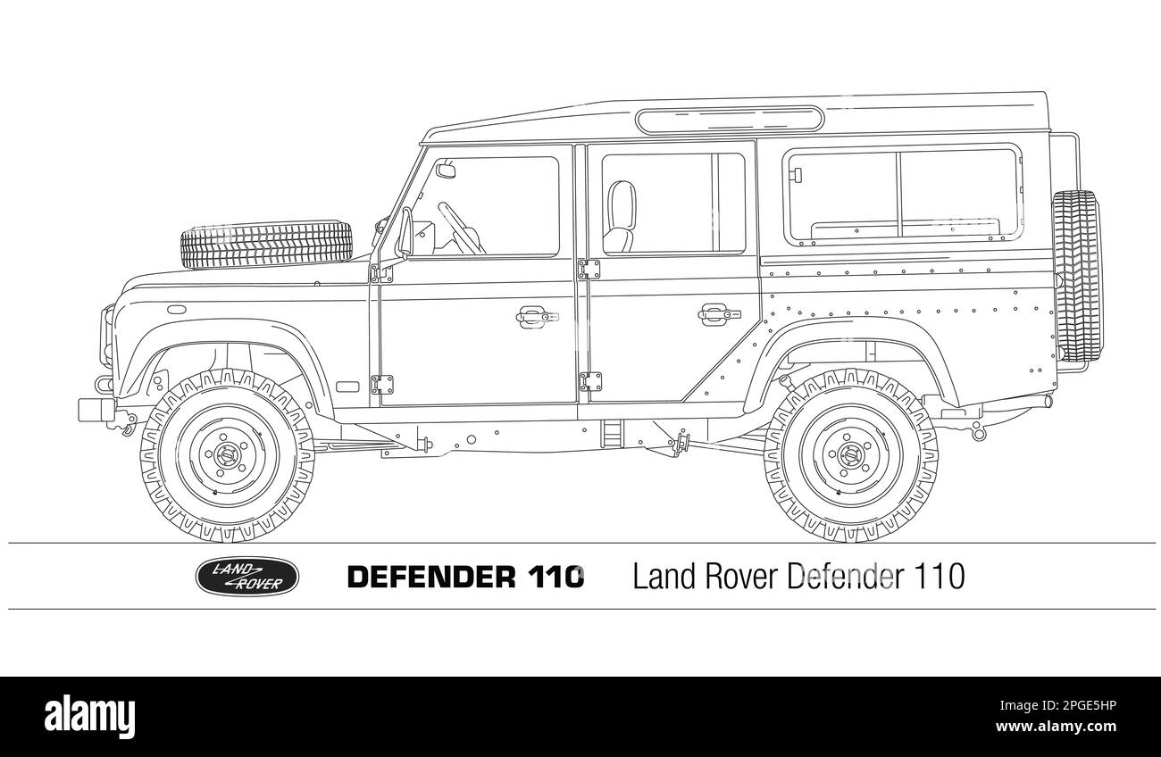 United Kingdom, year 1983, Land Rover Defender 110 silhouette, drawn on a white background, illustration Stock Photo