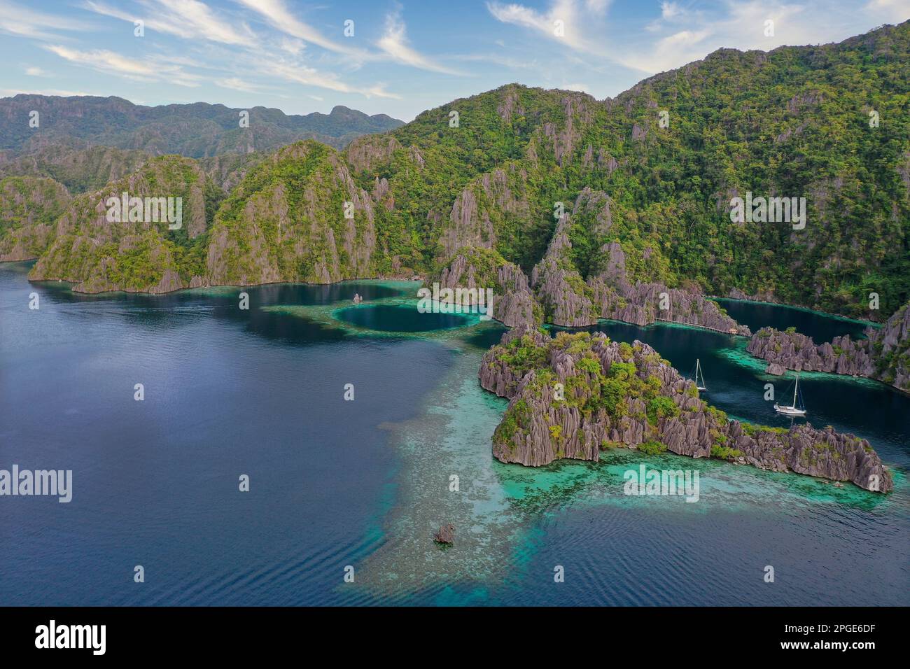 Panorama drone shot of majestic rocks in Coron, Palawan in the ...