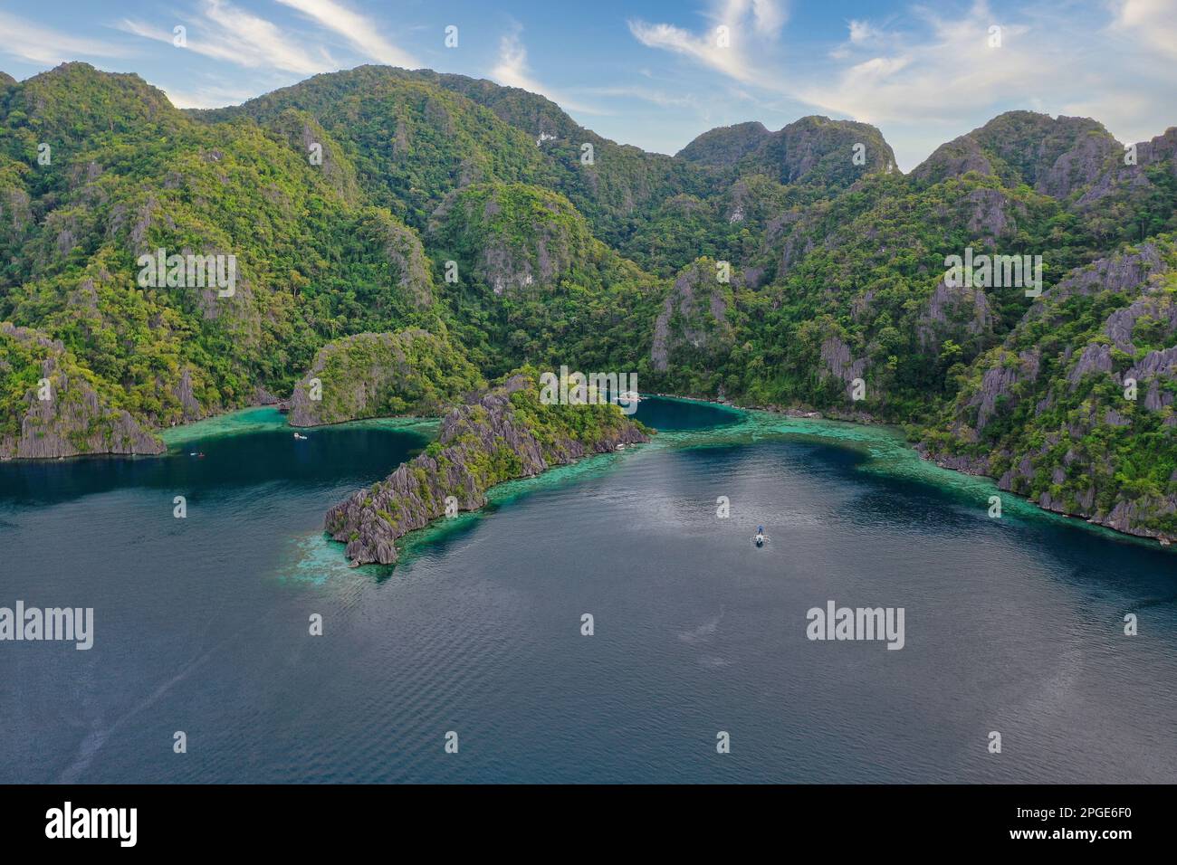 Panorama drone shot of majestic rocks in Coron, Palawan in the ...