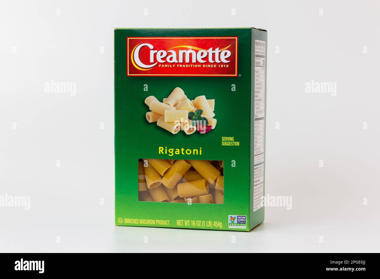 STILLWATER, MN, USA - MARCH 3, 2023: Creamette Rigatoni macaroni package and trademark logo. Stock Photo
