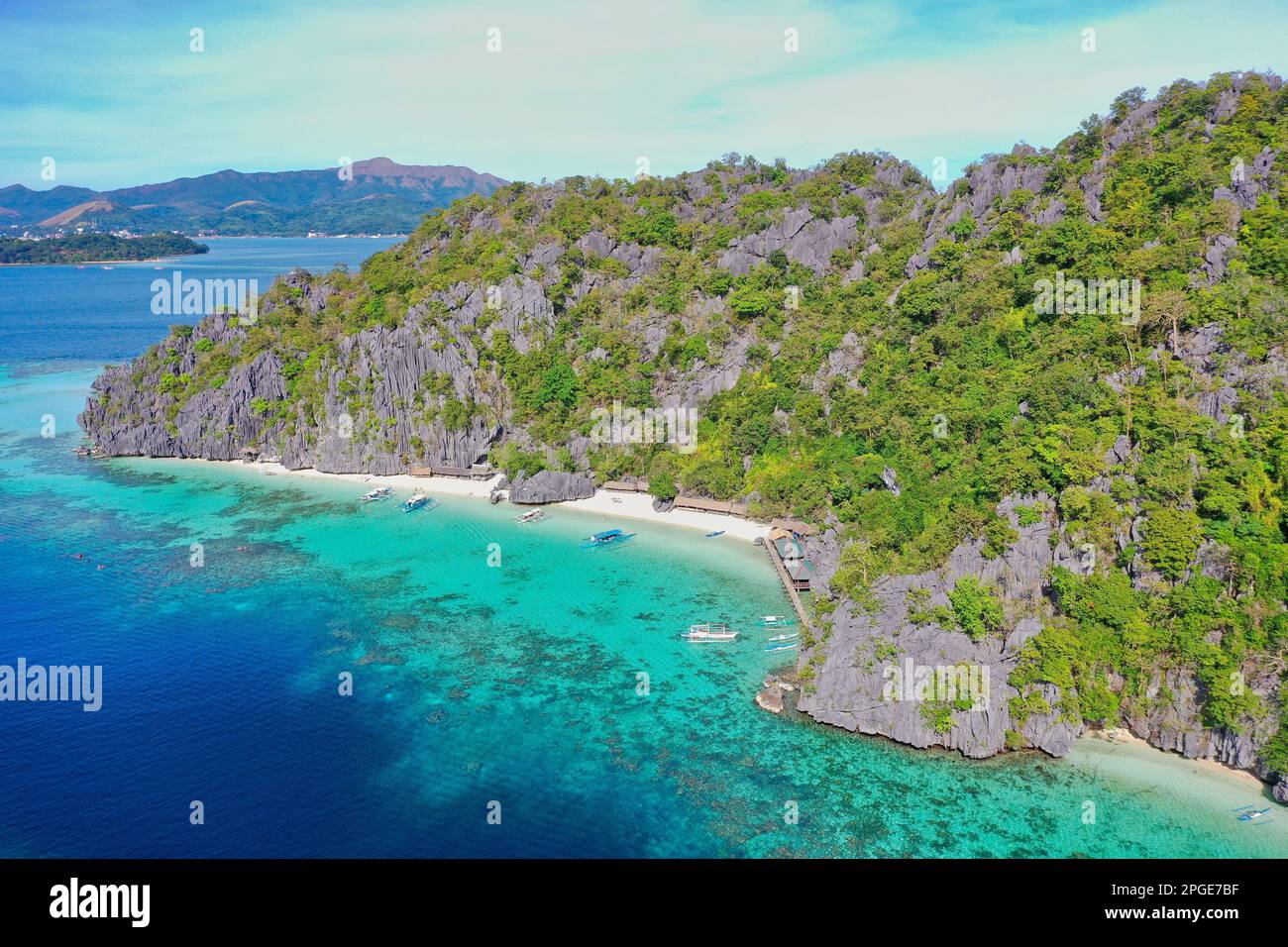 Panorama drone shot of majestic rocks in Coron, Palawan in the ...
