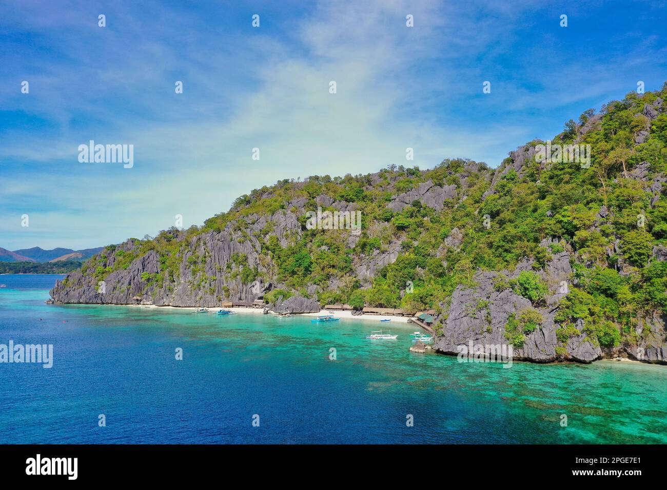 Panorama drone shot of majestic rocks in Coron, Palawan in the ...