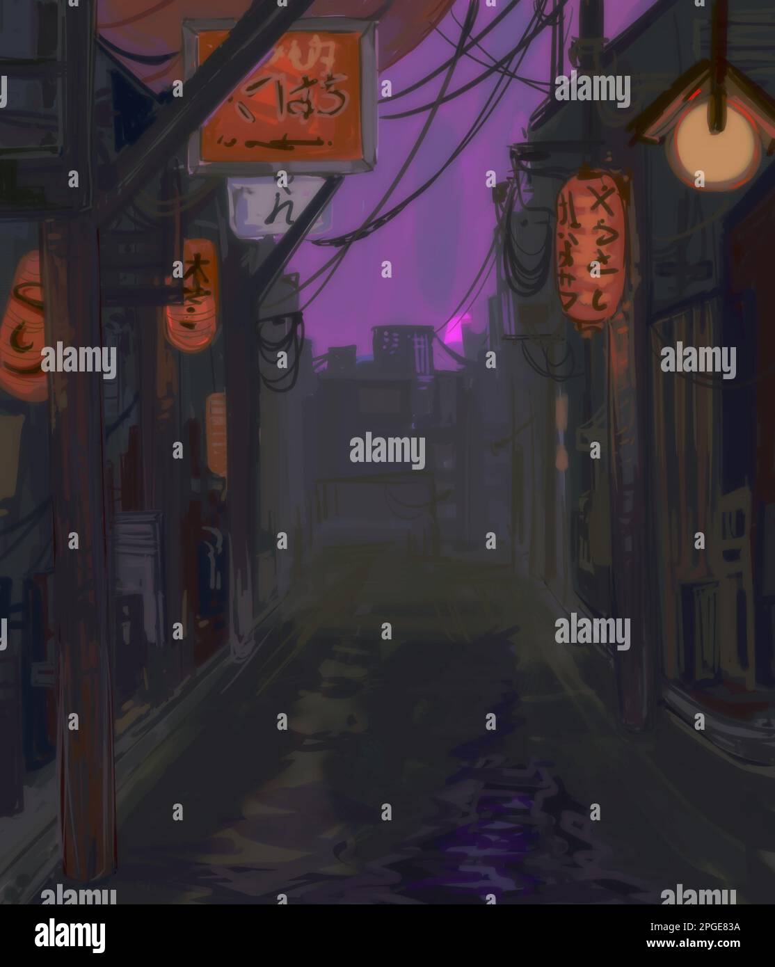 An illustration of a cartoon-style alleyway in an Asian city, featuring a dark nighttime setting with buildings and street lights in the background Stock Photo