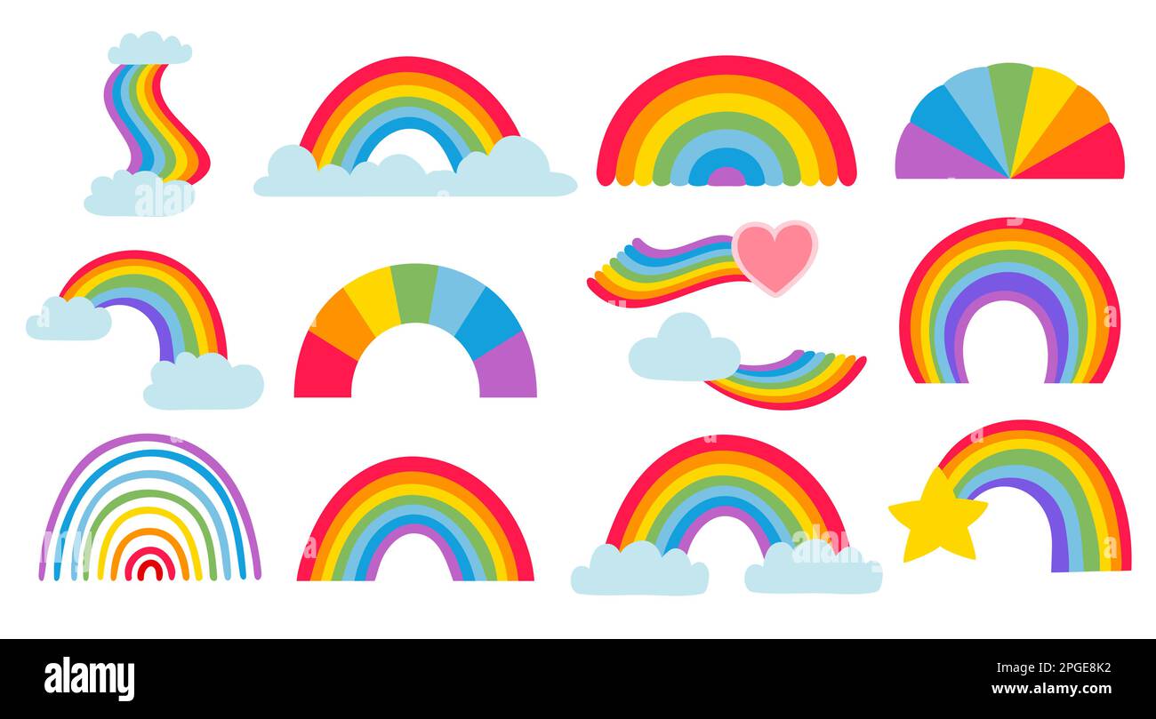 Cartoon rainbow collection, colored arcs weather set of rainbow collection cartoon, cloud and arc in sky, collection element, vector illustration Stock Vector
