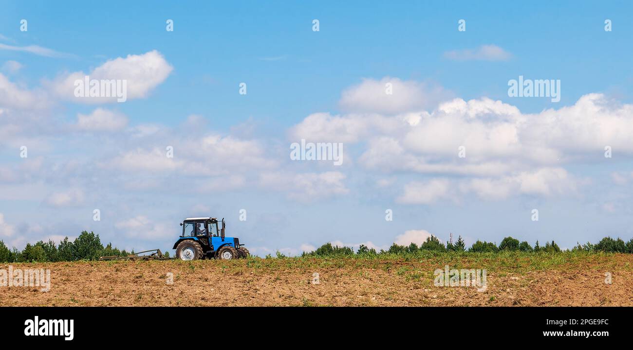 Tractor plows a field, pulling a plow. Agricultural work Stock Photo ...