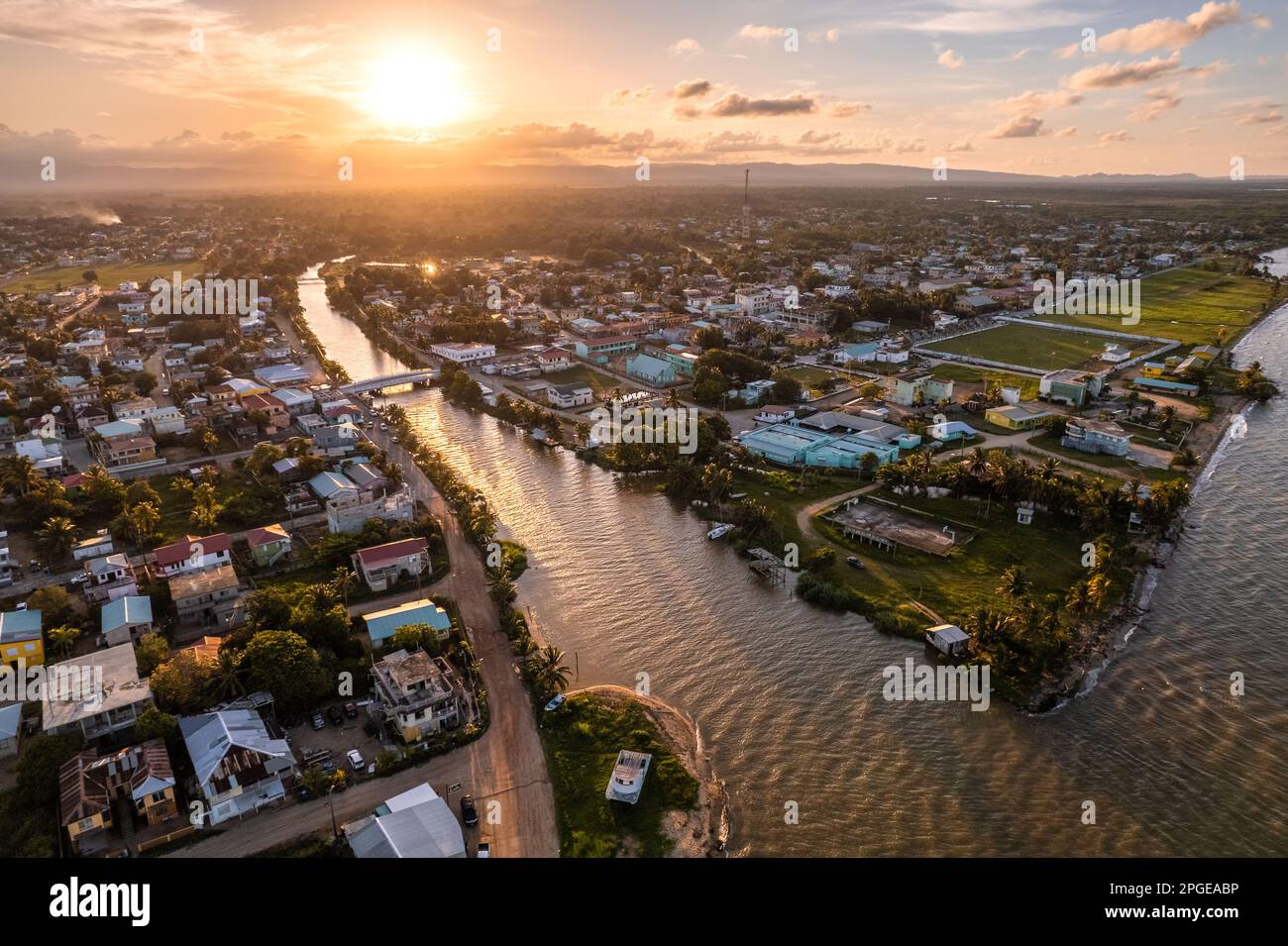 Sunset over the culture capital, Dangriga Town, Stann Creek, Belize. Stock Photo