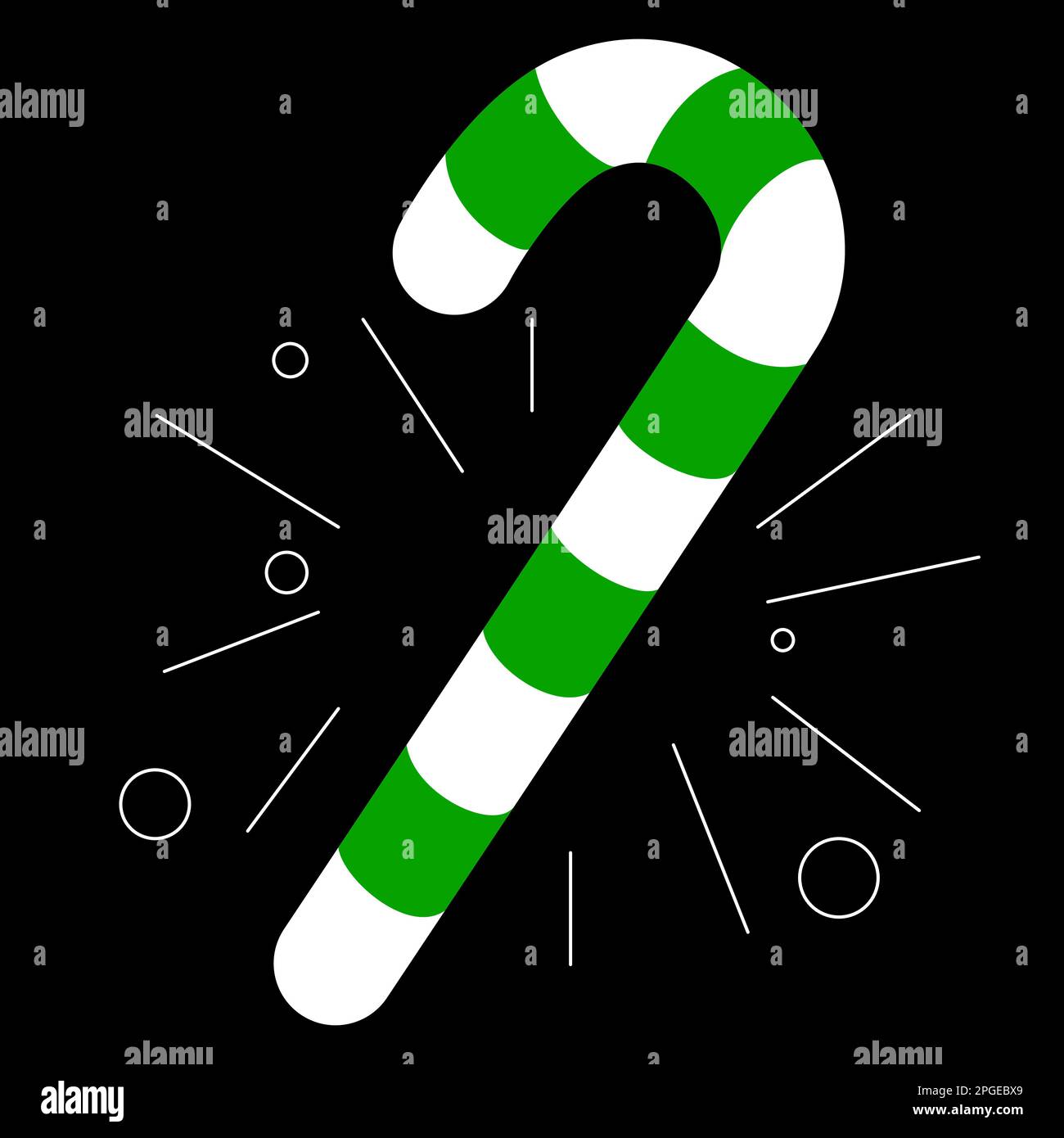 Candy cane with green stripes on a black screen with dynamic lines