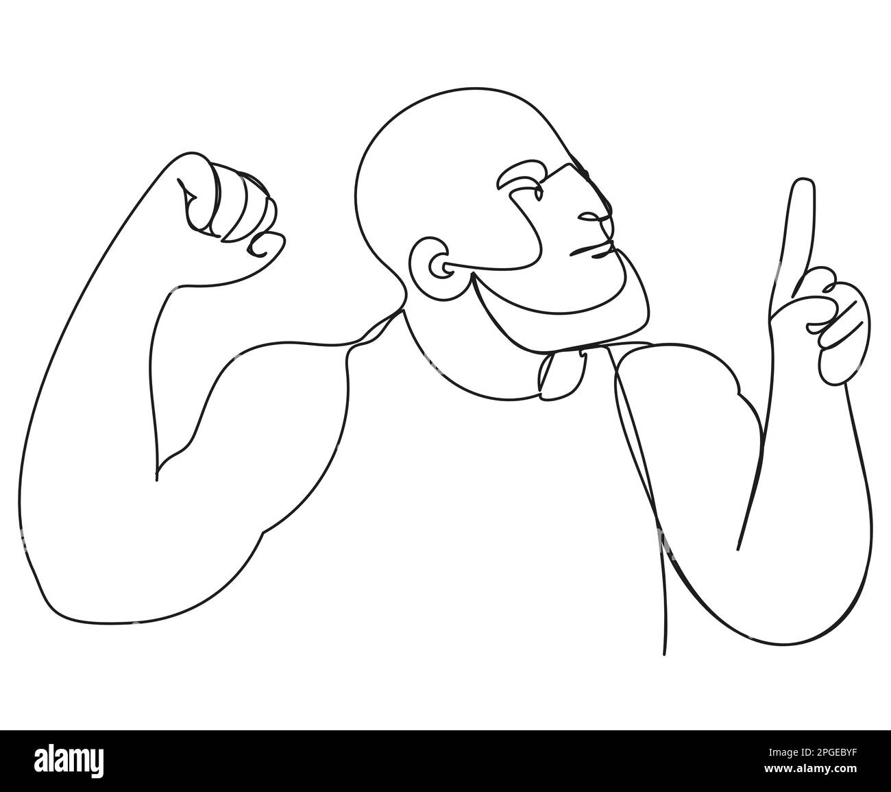 Bald man with a beard pointing his finger to the sky drawn with a continuous line on a white background. Strong man with muscles. Simple vector illust Stock Vector