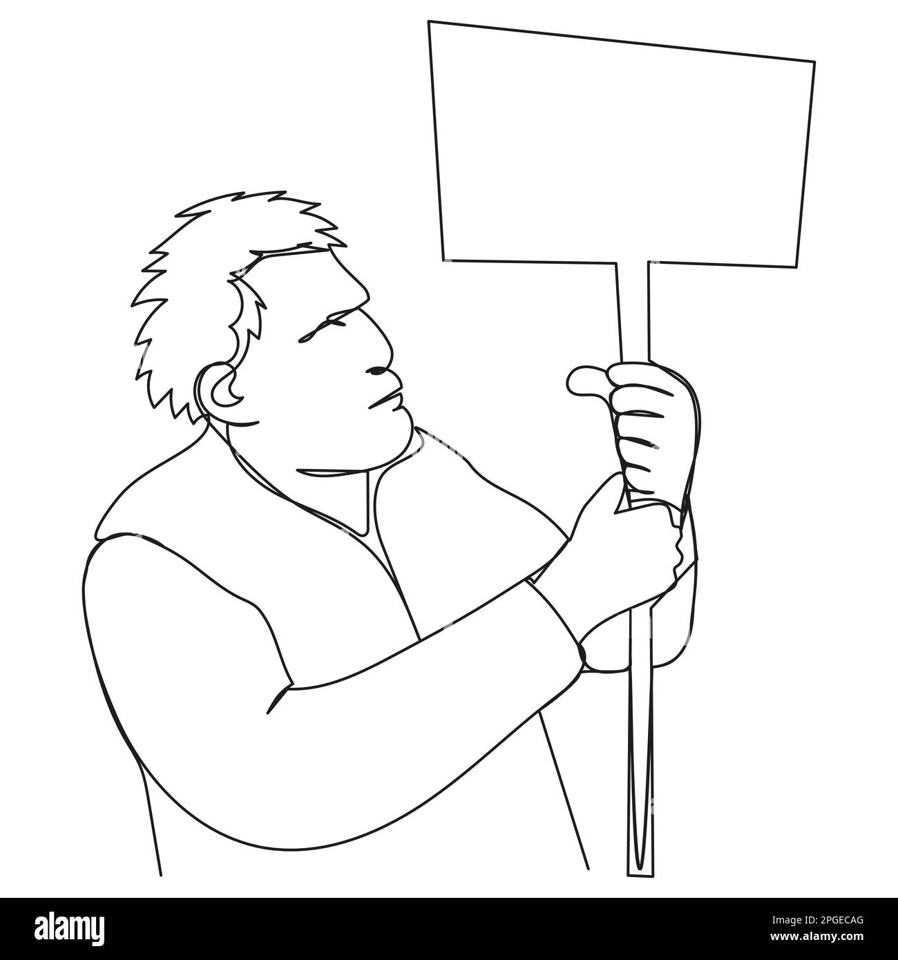 One line protester guy with tousled hair, a serious look and a