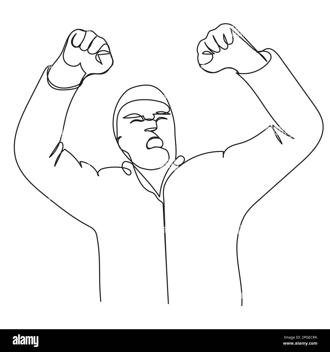 Indignant guy with raised fists up in a continuous line on white isolate. Vector illustration of street protest movements. A disgruntled man yelling a Stock Vector
