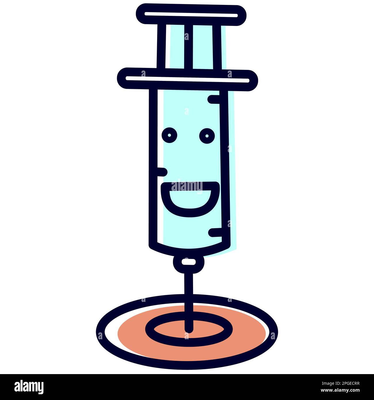 Joyful line syringe with a cheerful muzzle on a white back. Injection and vaccination tool