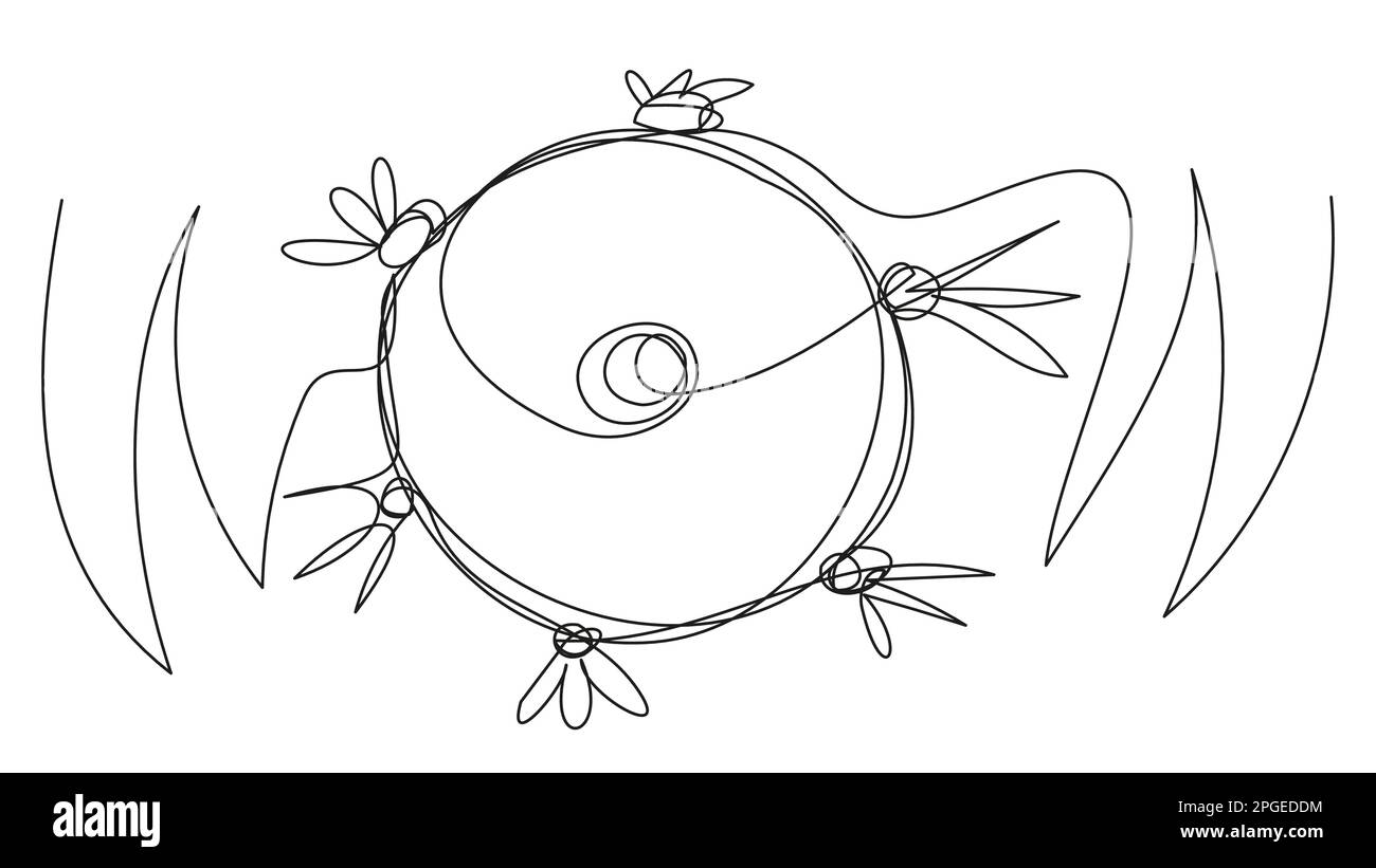 Illustration with a tambourine in one line on a white back Stock Vector