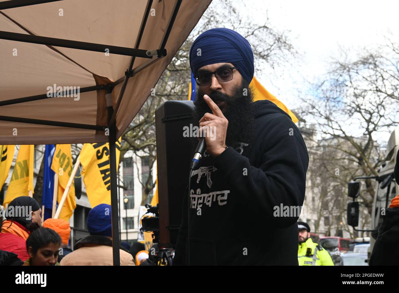 India Embassy, London, UK. 22 March 2023. Sikhs and Panjabans protest Modi regime in response to mass arrests, state wide internet bans, and concerns of torture and arbitrary detention of more Sikhs and Panjabans. India is the biggest violation of democracy, human right and freedom in the world. Democracy is dead everywhere in the world is violent and oppressing minority and massacre. Across the globe, democracy is the most violent form of corruption. A nation labeled democratic is the greatest violation of human rights and freedom. In fact, all the west, war is created by lies, false news an Stock Photo