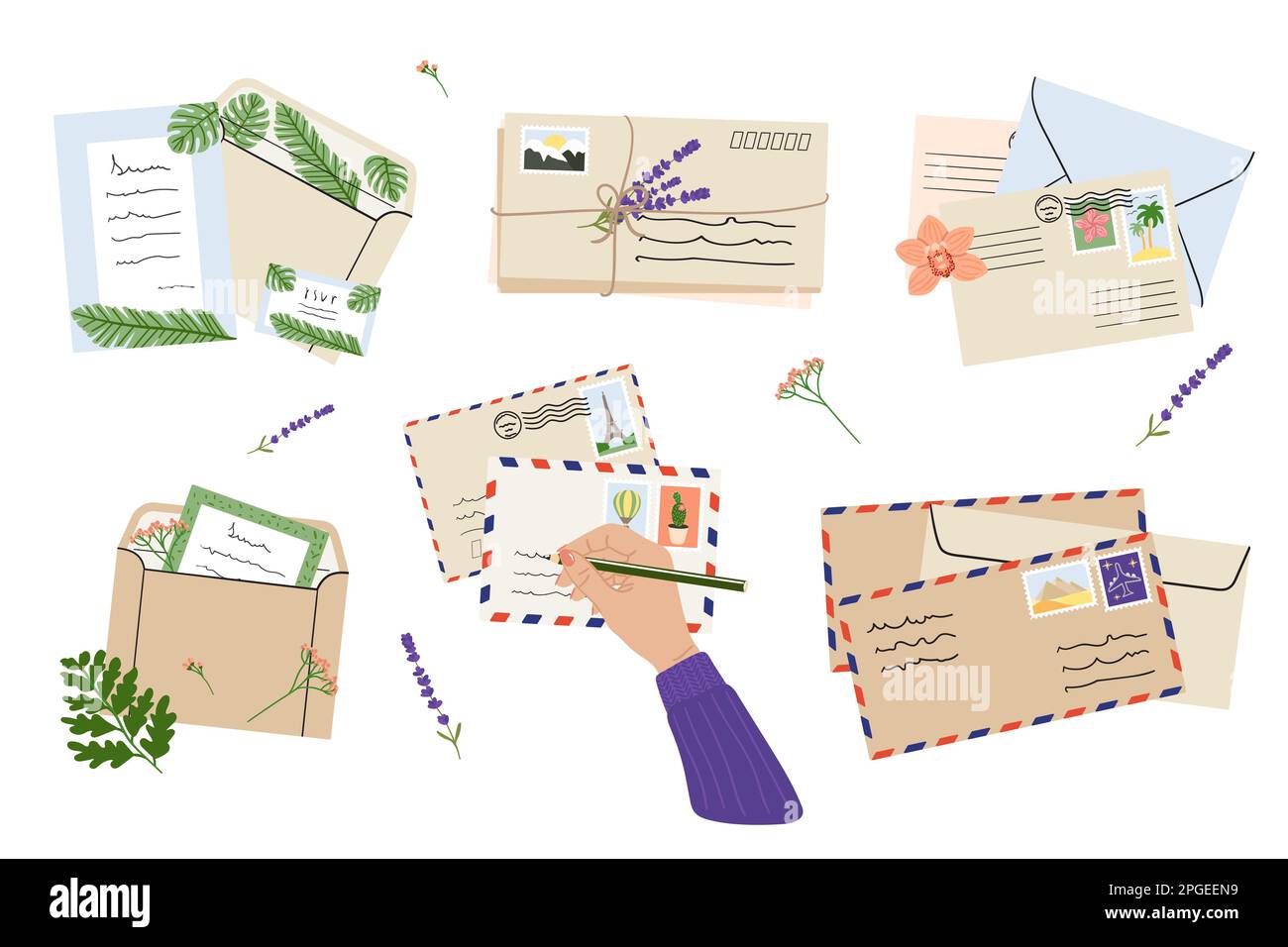 Flat lay illustration of envelopes, letters, postage stamps, stationery