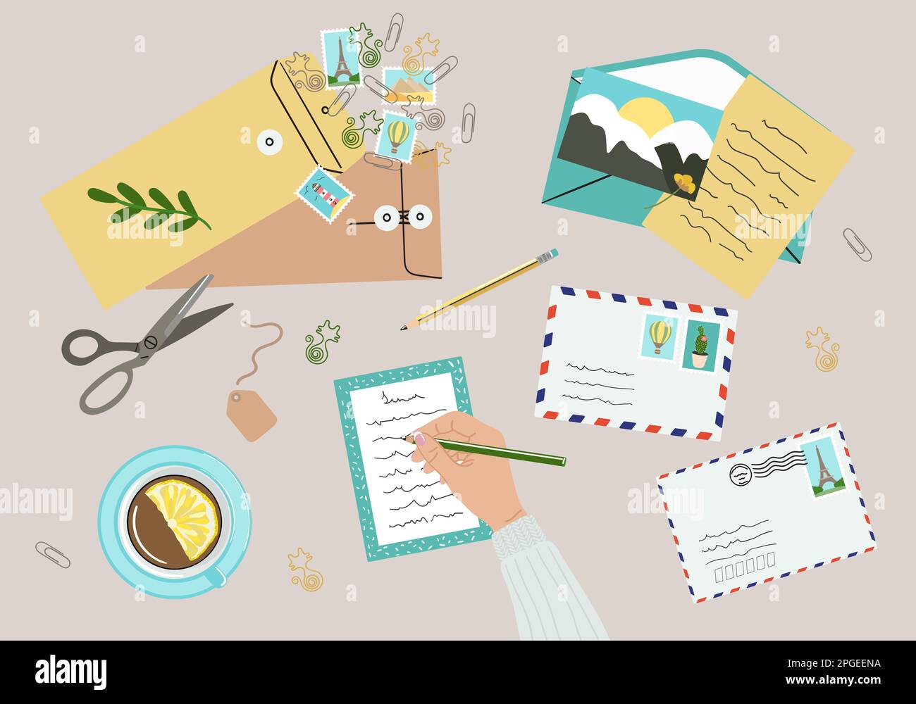 Flat lay illustration of envelopes, letters, postage stamps, stationery