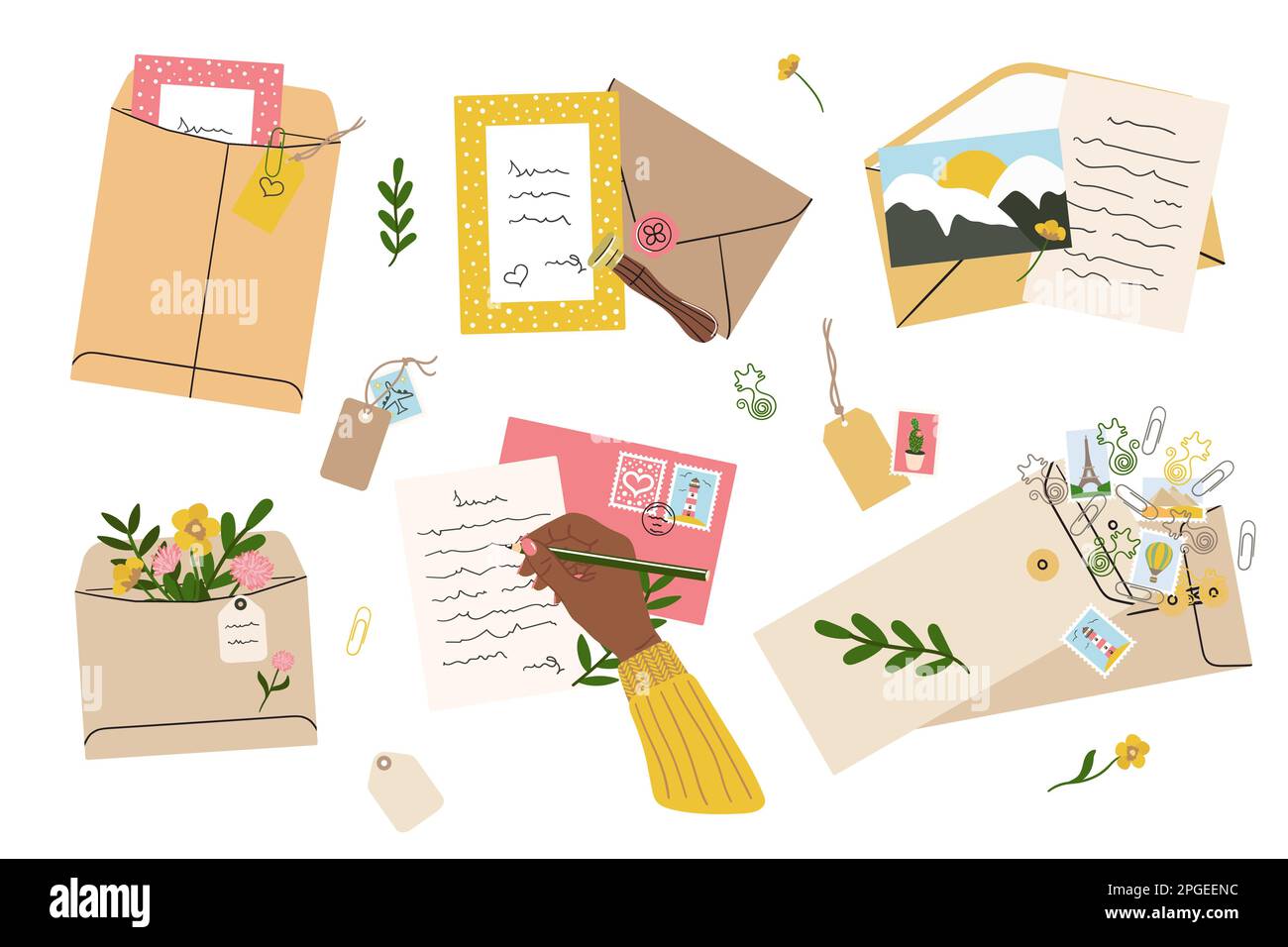 Flat lay illustration of envelopes, letters, postage stamps, stationery