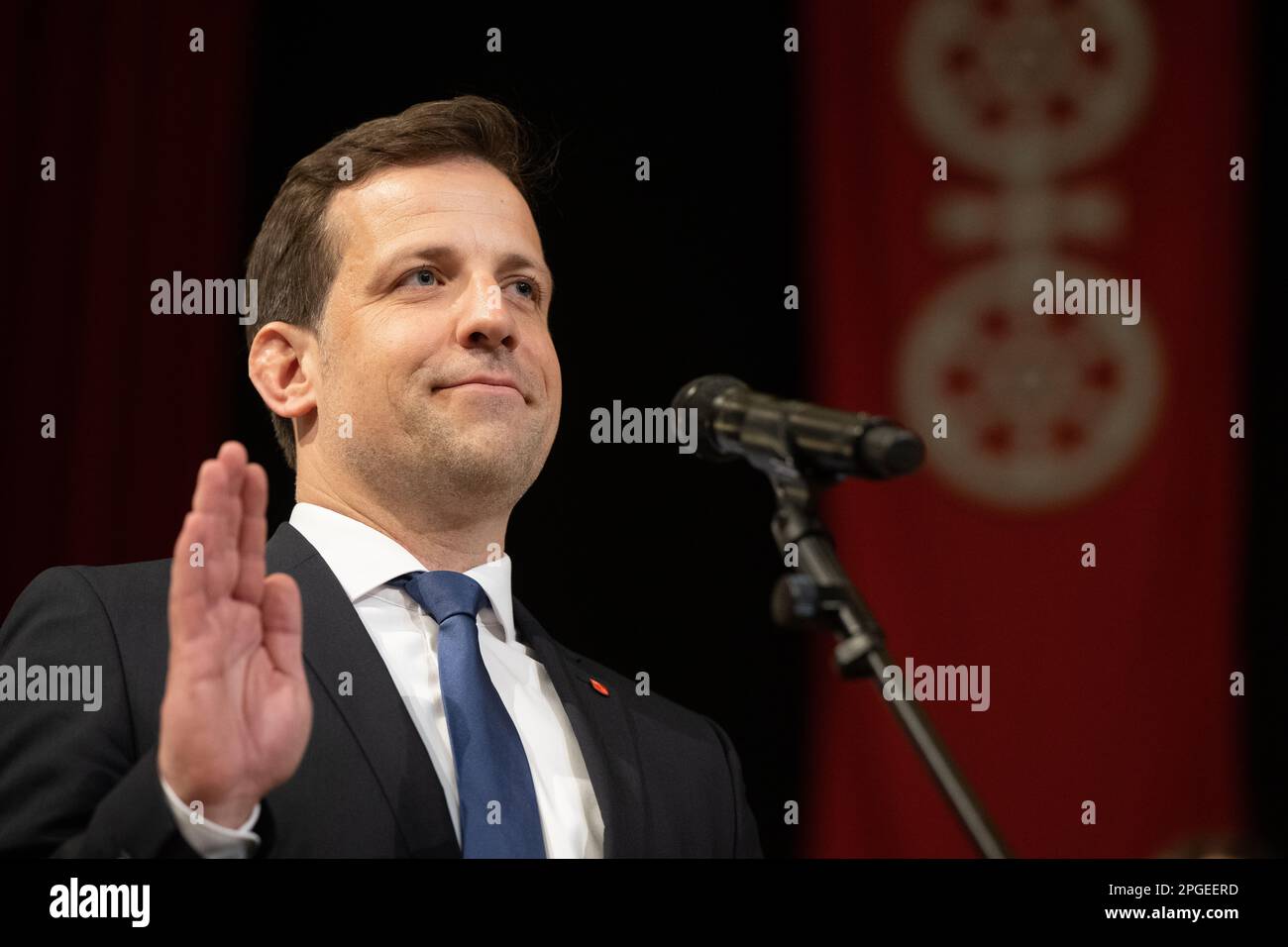 Mainz, Germany. 22nd Mar, 2023. Nino Haase (no party affiliation), Lord Mayor of Mainz, takes the oath of office during his inauguration at the Electoral Palace. Haase was elected in a runoff election on March 05. Credit: Sebastian Gollnow/dpa/Alamy Live News Stock Photo