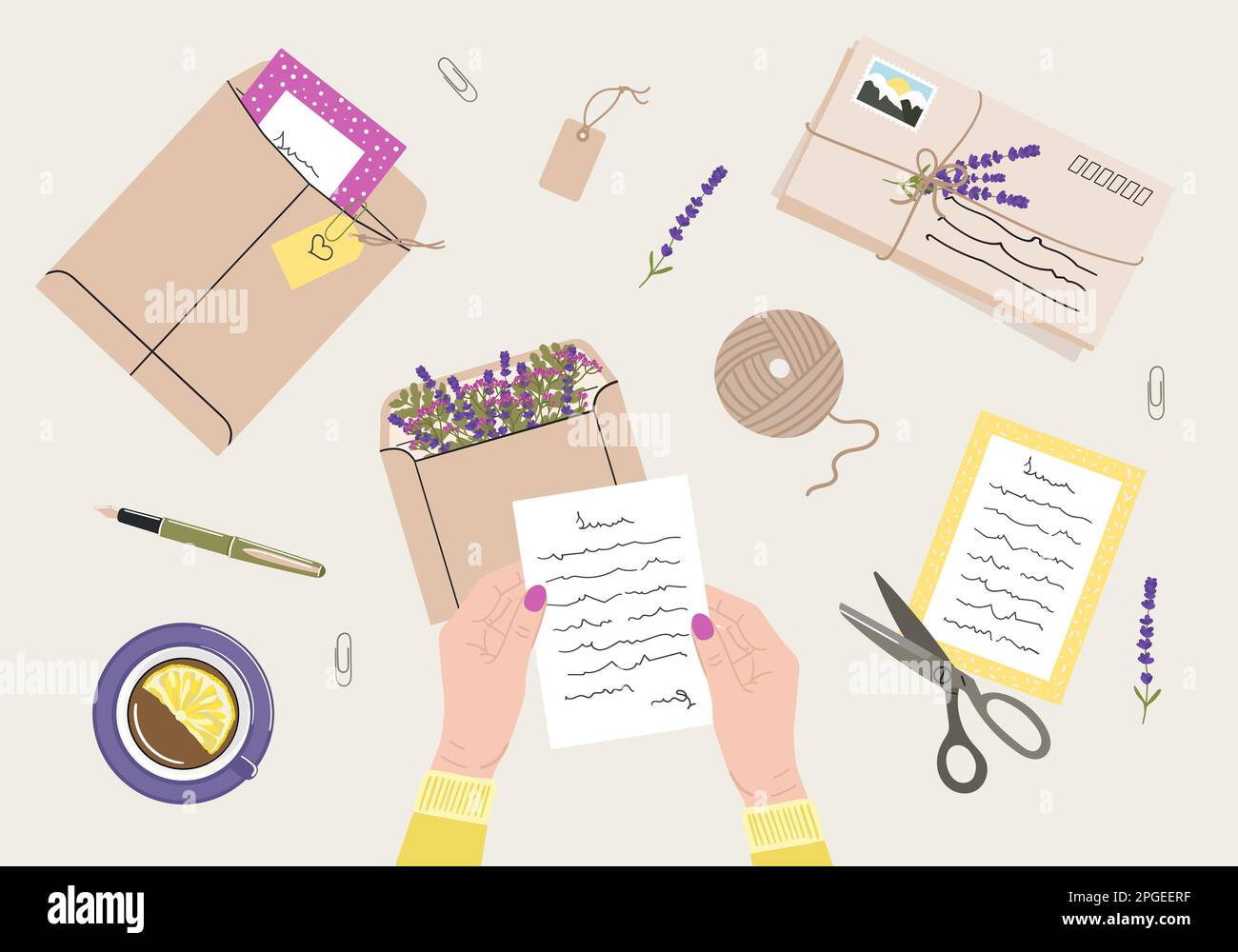 Flat lay illustration of envelopes, letters, postage stamps, stationery