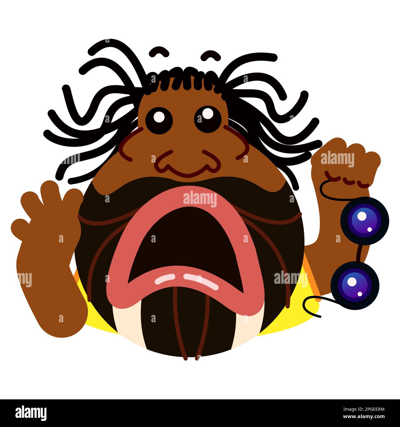 Funky black guy with dreadlocks. Shocked young African American man with raised palm and round glasses removed. Sticker of a man with emotion of great Stock Vector