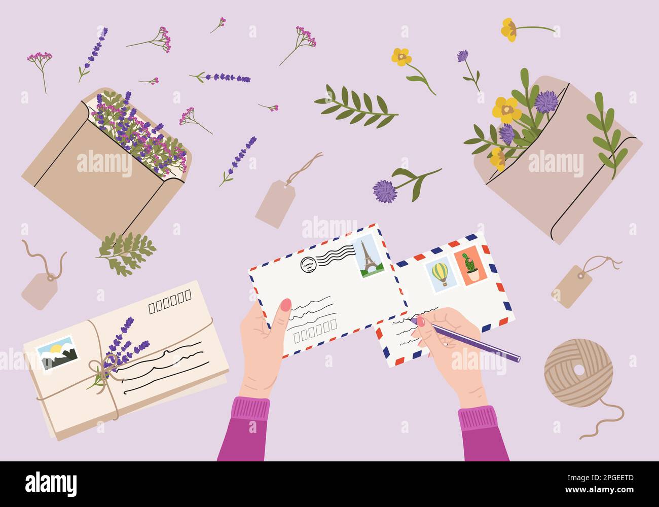 Flat lay illustration of envelopes, letters, postage stamps, stationery