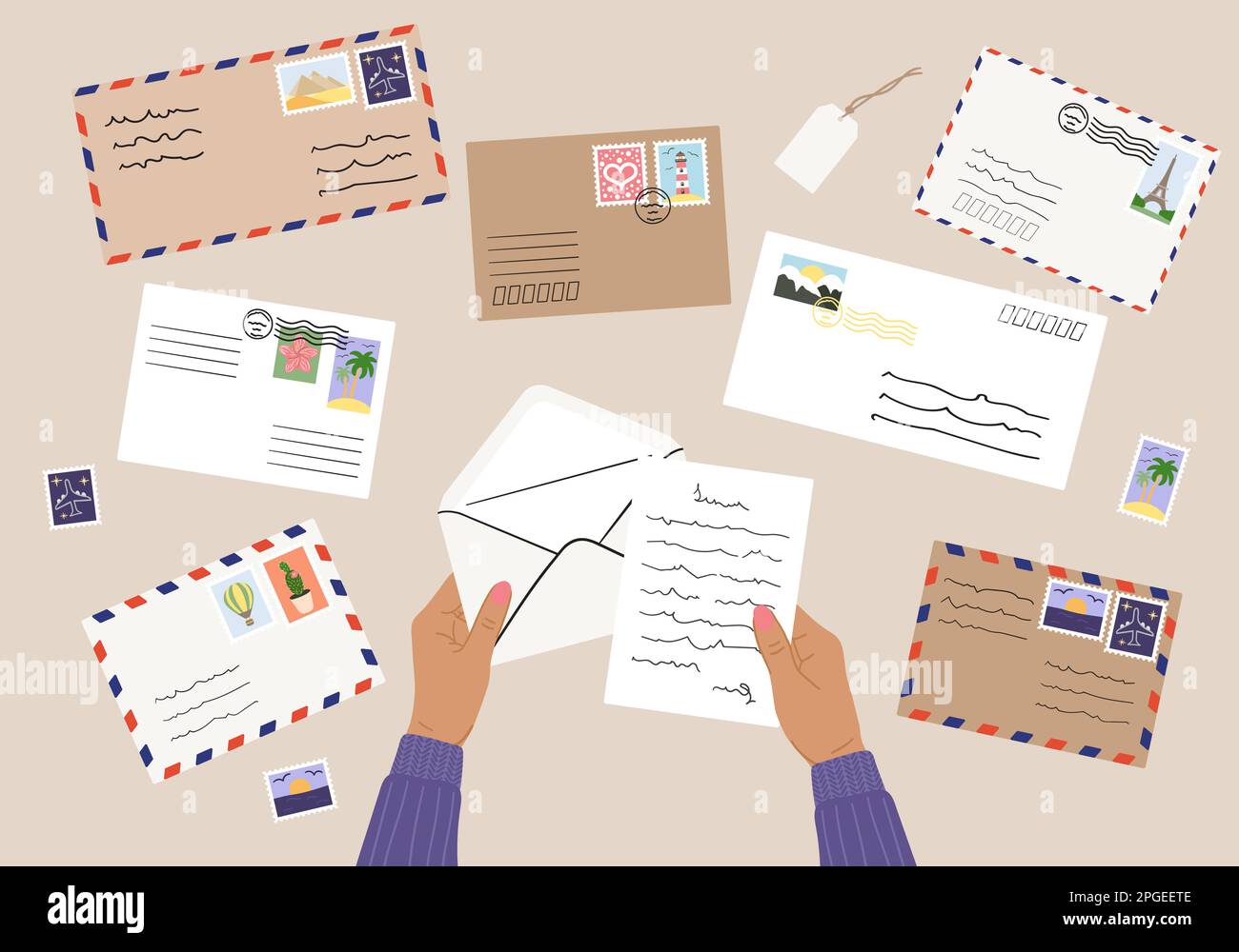 Flat lay illustration of envelopes, letters, postage stamps, stationery