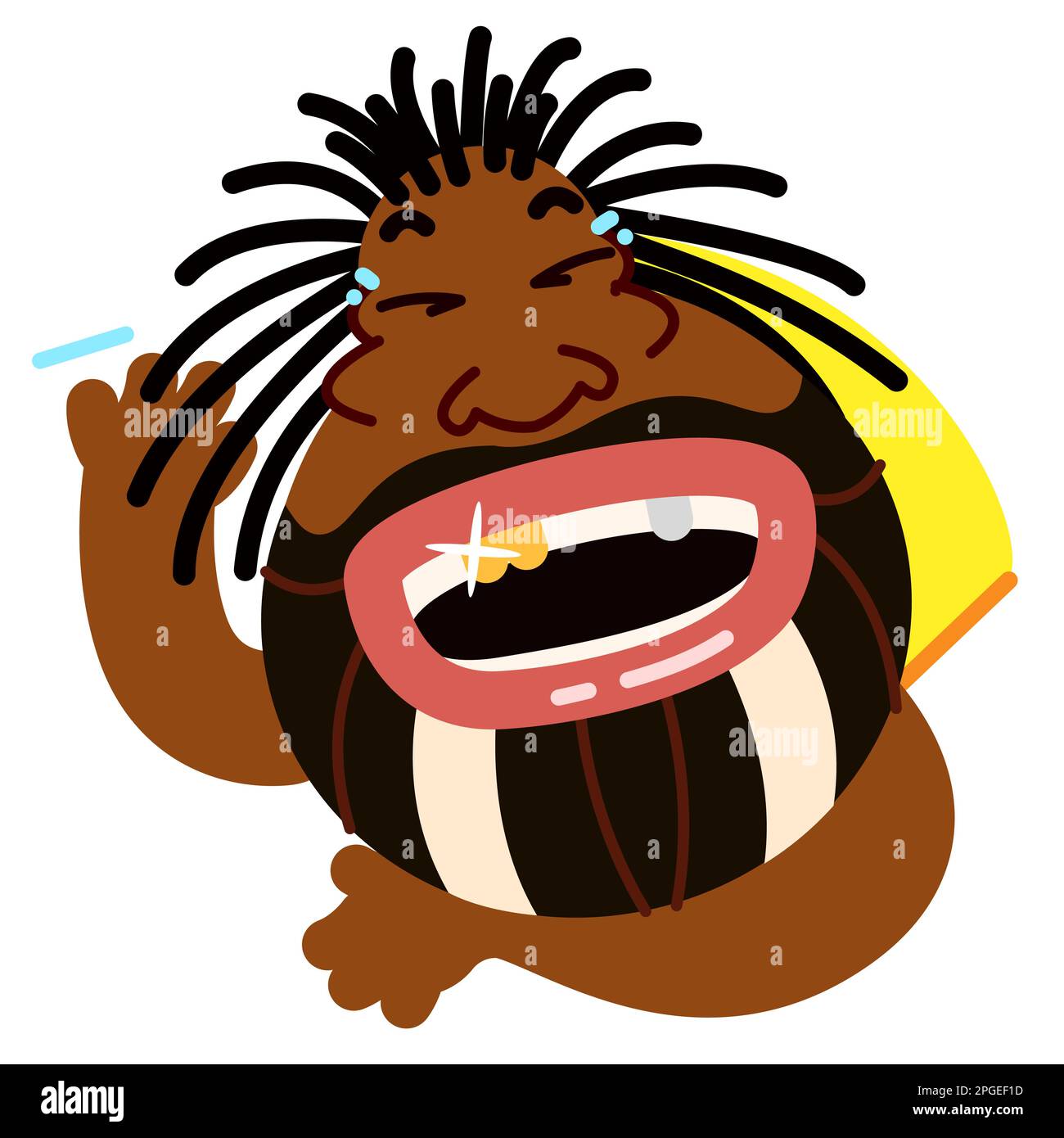 Black bearded man laughs to tears while lying on the floor. The concept of a playful African American with round glasses and dreadlocks. Vector stock Stock Vector