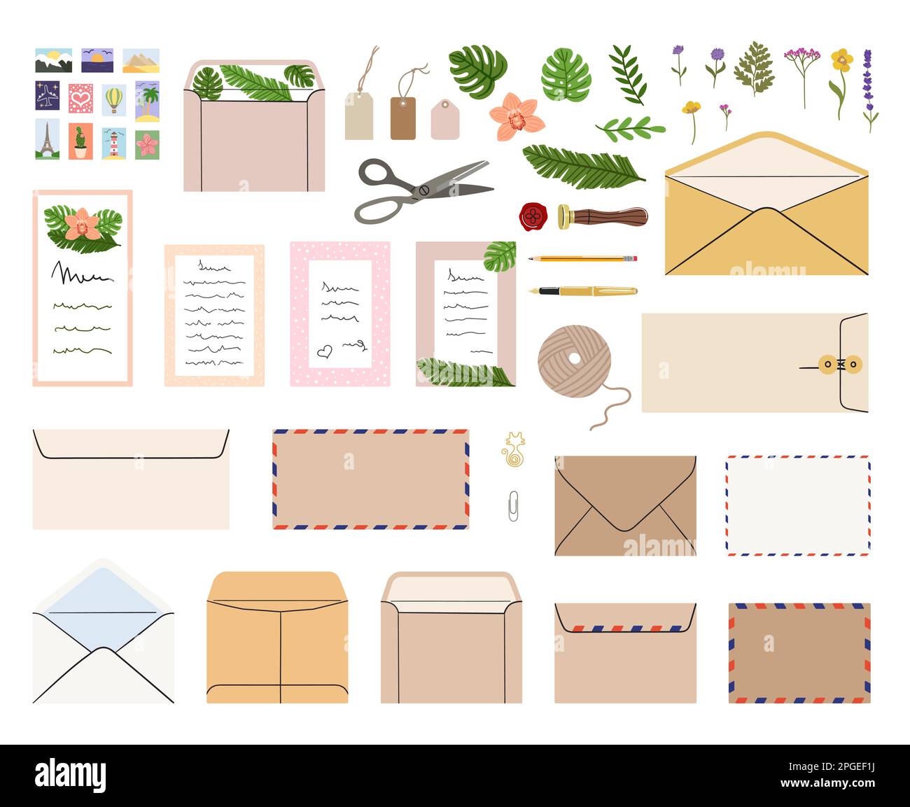 Set of mails, envelopes, letters, postcards, postage stamps and
