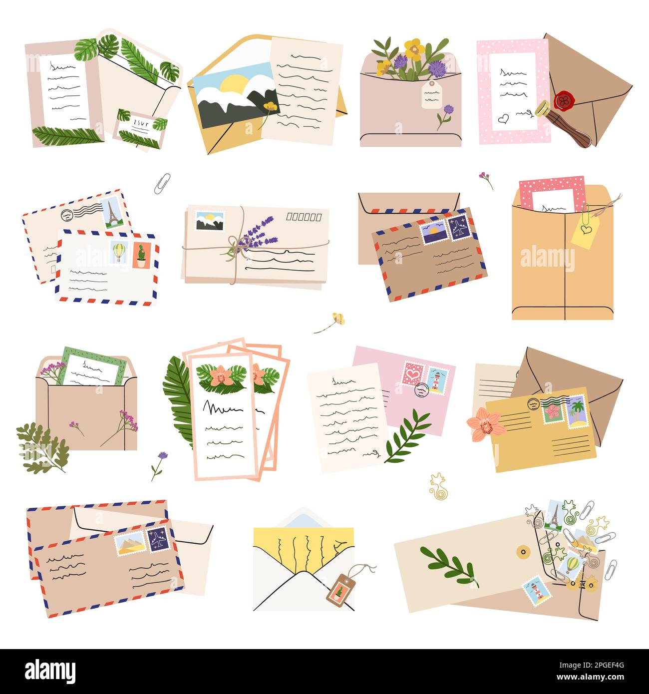 Set of mails, envelopes, letters, postcards, postage stamps and