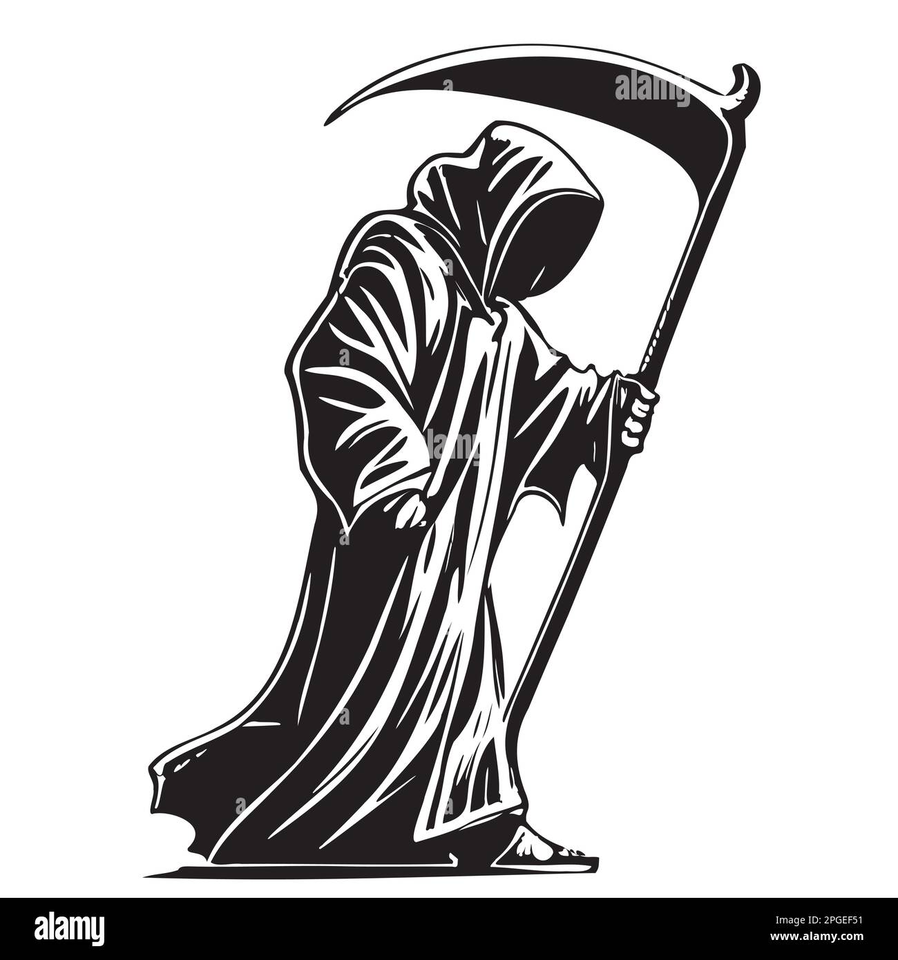 Death in a cloak with a hand drawn scythe sketch Vector illustration Halloween Stock Vector