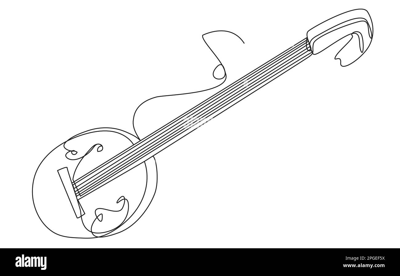 One line Banjo instrument on white background. Stock Vector