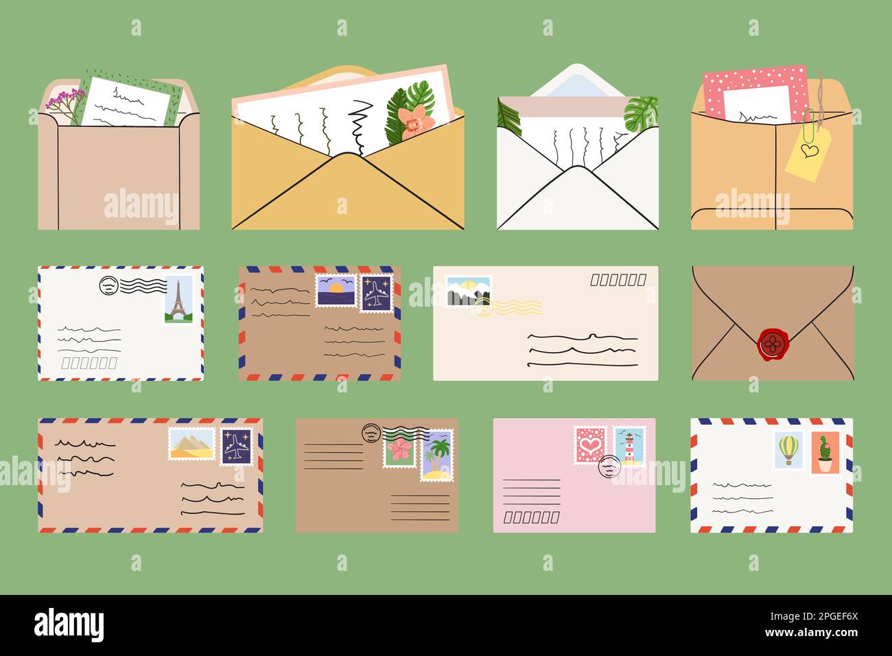 Set of mails, envelopes, letters, postcards, postage stamps. Concept of correspondence with friends and business. Top down view. Hand drawn vector ill Stock Vector
