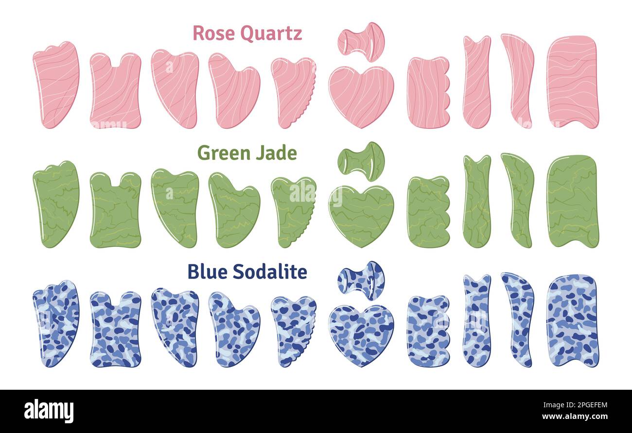 Big set of different gua sha stones are made of quartz, jade, sodalite