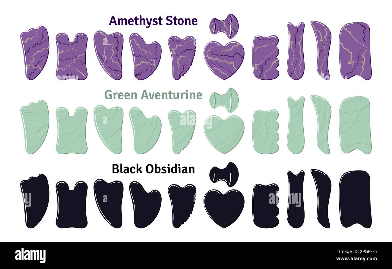 Big set of different gua sha stones are made of aventurine, amethyst
