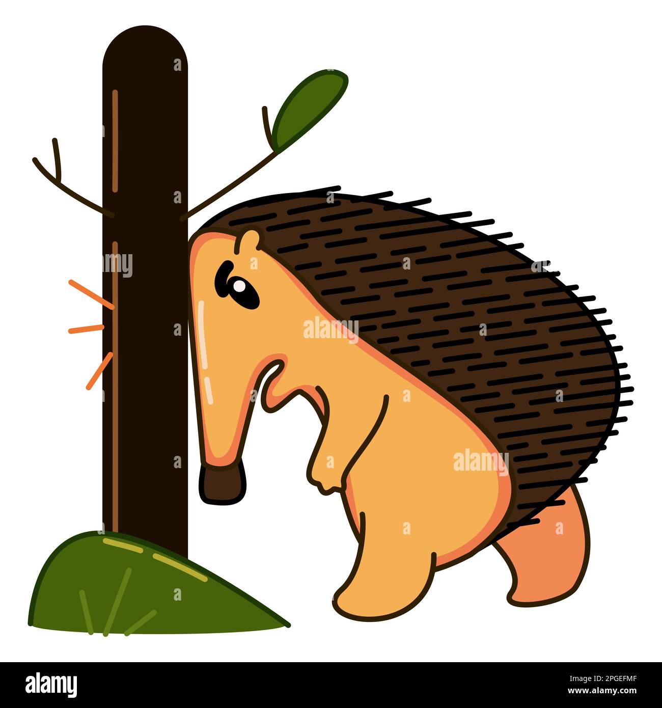 Upset orange hedgehog banging its head against a tree Stock Vector